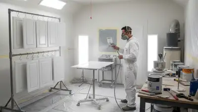 Professional cabinet painting process in San Mateo, CA showing smooth spray finish for kitchen update