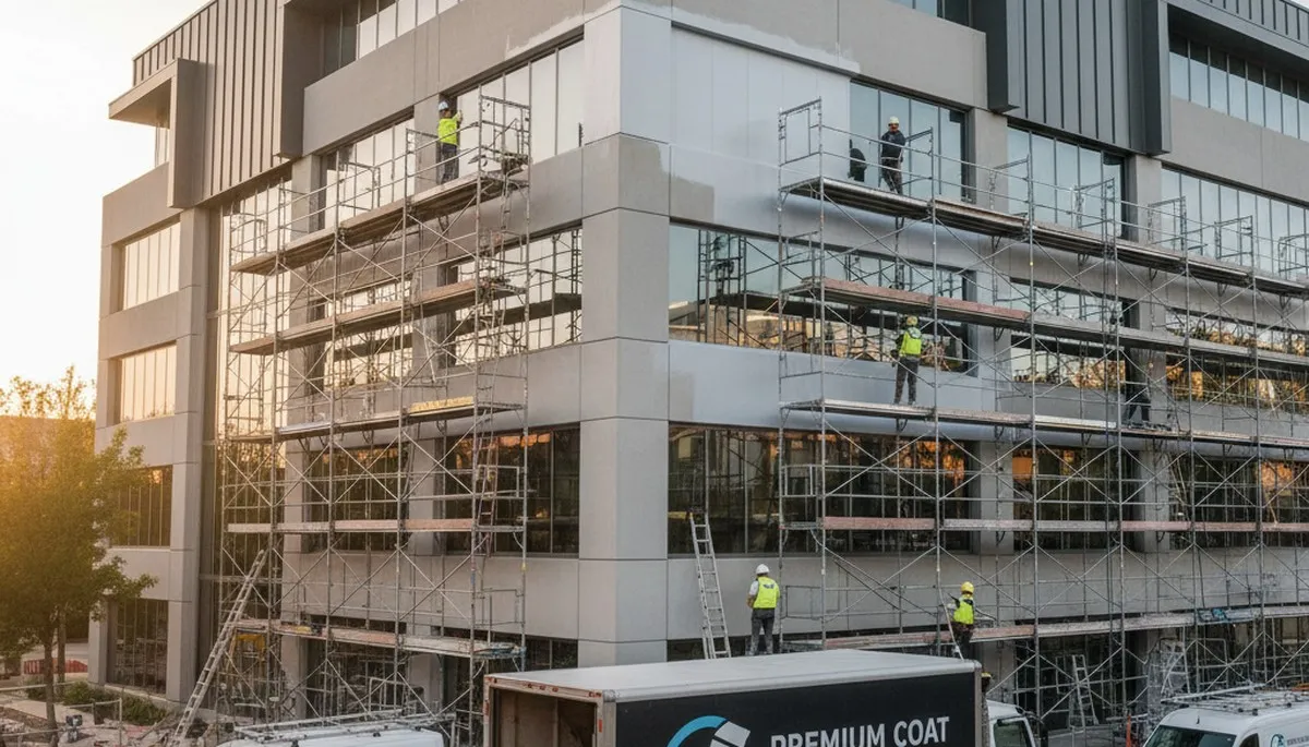 Professional commercial painting team revitalizing office building exterior in San Mateo, CA