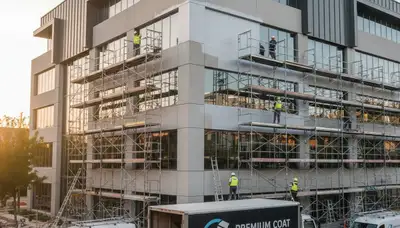 Professional commercial painting team revitalizing office building exterior in San Mateo, CA