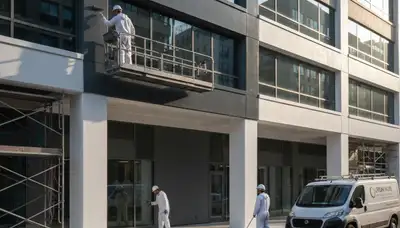 Professional commercial painters finishing office exterior in San Mateo, CA