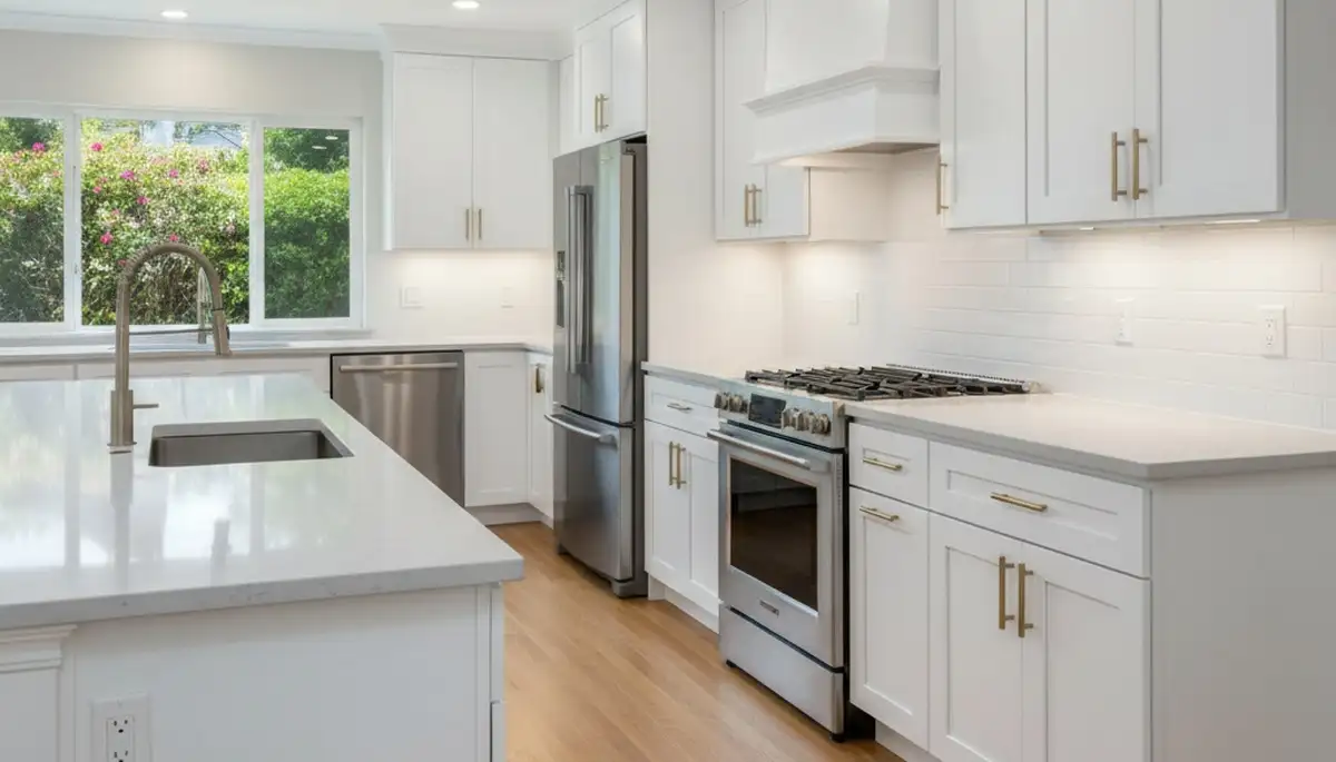 Refinished kitchen cabinets with sleek, durable paint finish by professional painters in San Mateo, CA