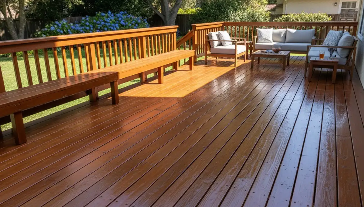 Finished deck staining after pressure cleaning in San Mateo, CA enhances wood beauty and weather protection