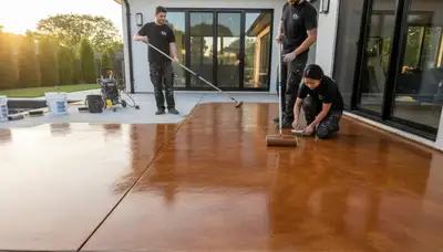 Professional concrete staining on residential patio in San Mateo, CA by expert floor finishing team