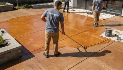 Professional concrete staining on residential patio in San Mateo, CA by expert house painters
