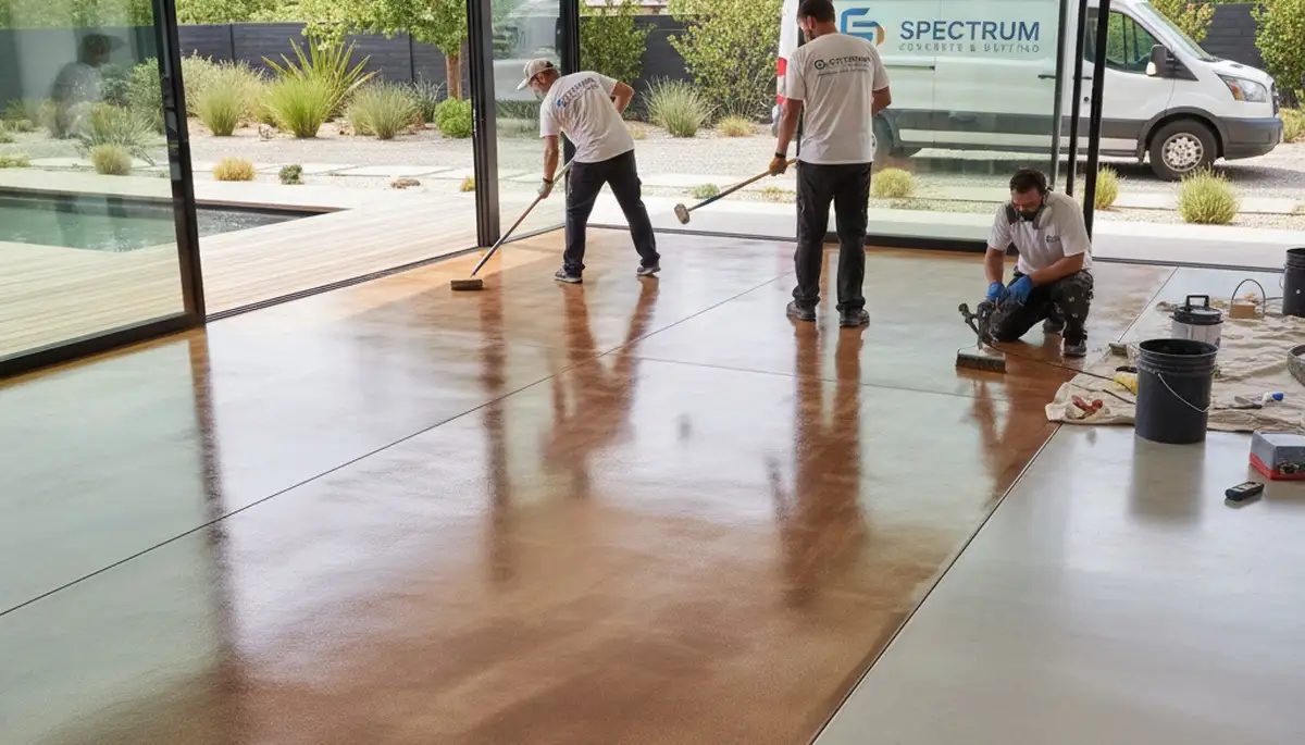 Professional concrete staining on residential patio in San Mateo, CA by expert house painters