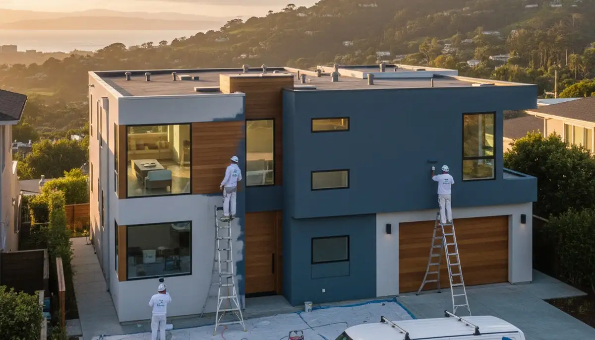 Professional house painters working on residential exterior in San Mateo, CA