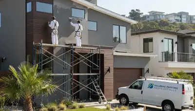 Professional house painters working on residential exterior in San Mateo, CA