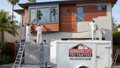 Professional house painters working on exterior home repaint in San Mateo, CA