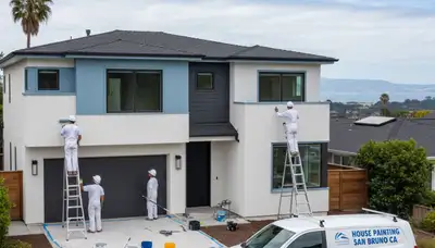 Professional house painters working on exterior home in San Mateo, CA