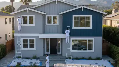 Professional house painters working on exterior home in San Mateo, CA