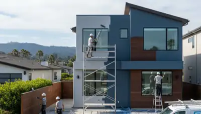 Professional house painters working on exterior home in San Mateo, CA