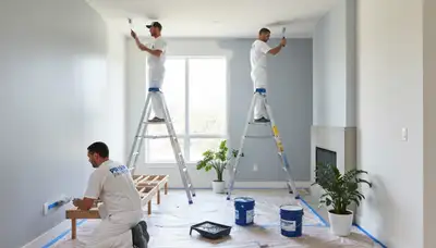 Professional interior house painters finishing a living room in San Mateo, CA with smooth, lasting color