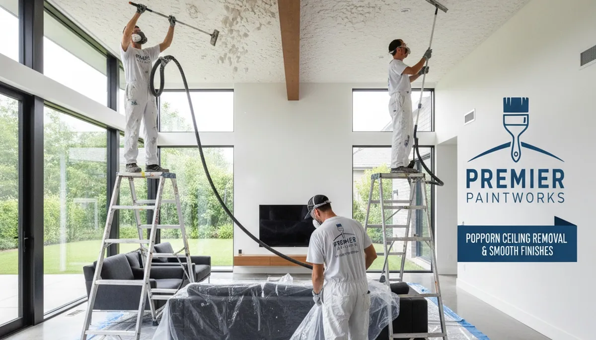 Professional popcorn ceiling removal by house painters in San Mateo, CA creating smooth modern finishes