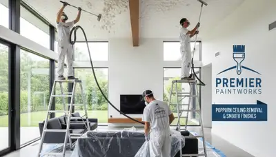 Professional popcorn ceiling removal by house painters in San Mateo, CA creating smooth modern finishes