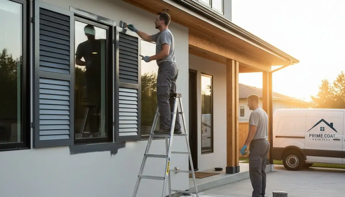 Professional shutter painting on coastal home in San Mateo, CA by expert house painters