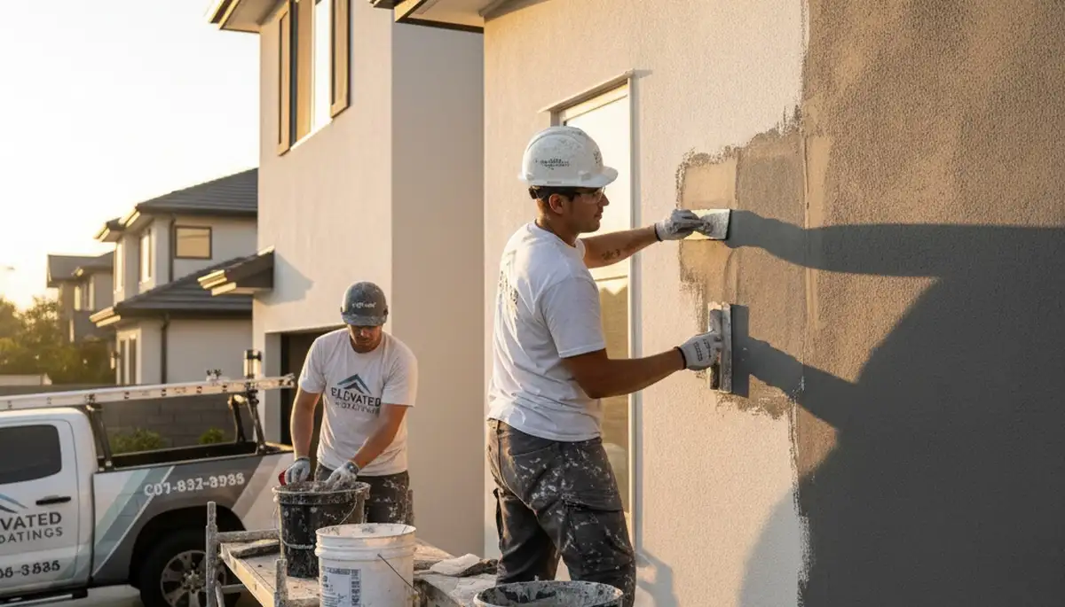 Technician performing stucco repair on San Mateo CA home exterior for moisture and crack restoration