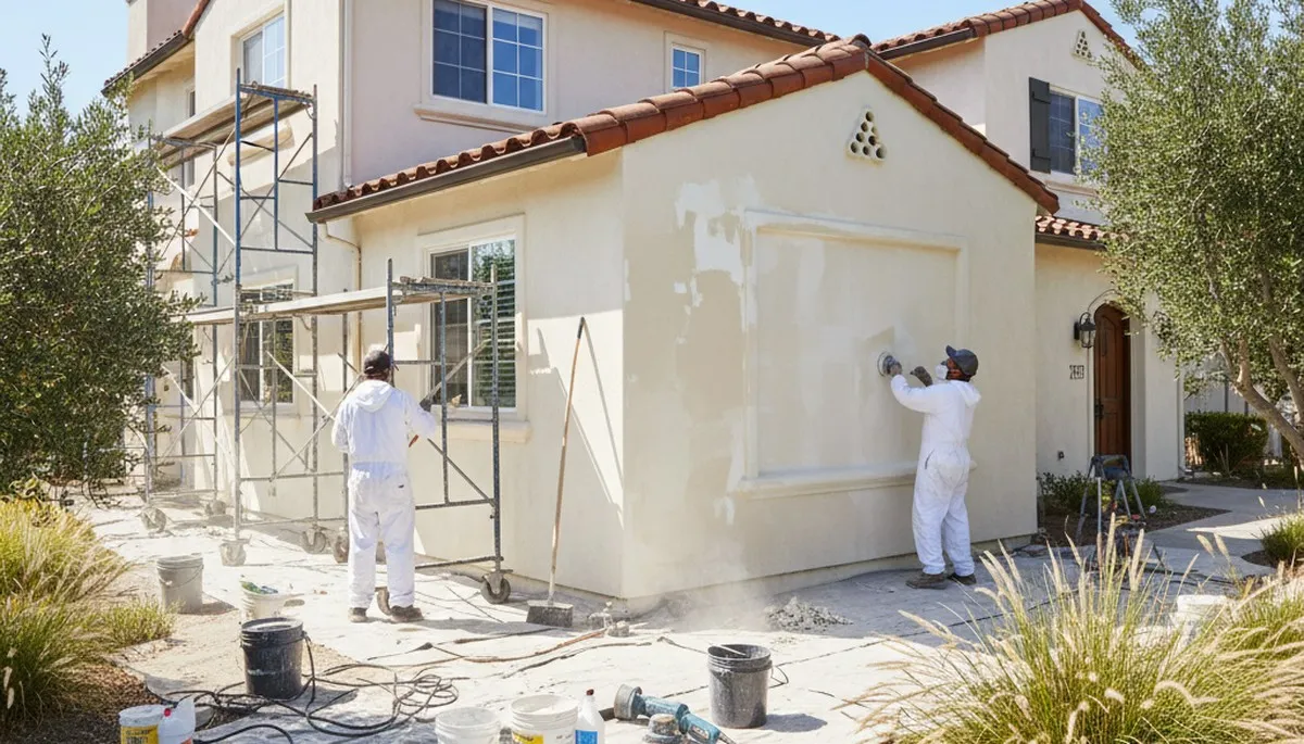 Painter preparing exterior wall for repainting on San Mateo, CA home during professional surface prep