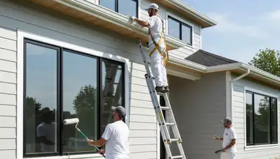 Professional trim and fascia painting on coastal home in San Mateo, CA by expert house painters