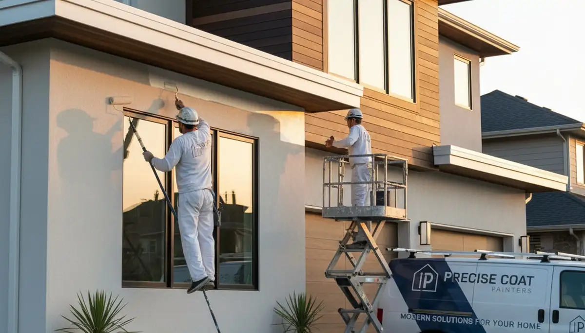 Professional trim and fascia painting on coastal home in San Mateo, CA by expert house painters