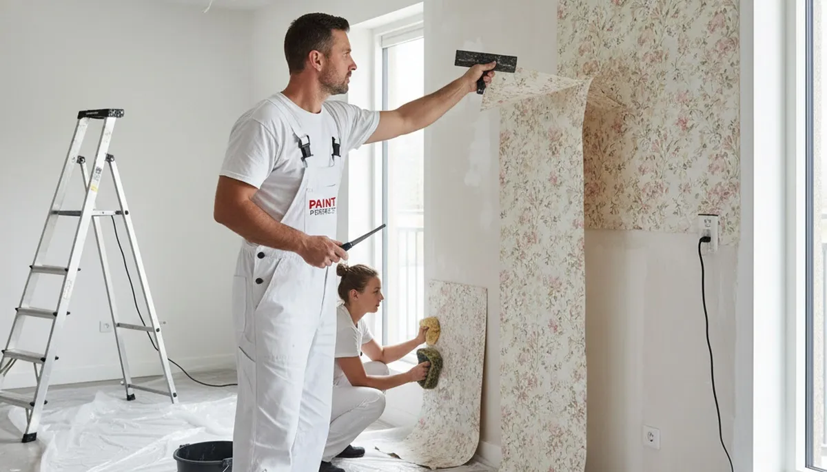 Professional wallpaper removal in San Mateo CA home by expert house painters for smooth repainting finish
